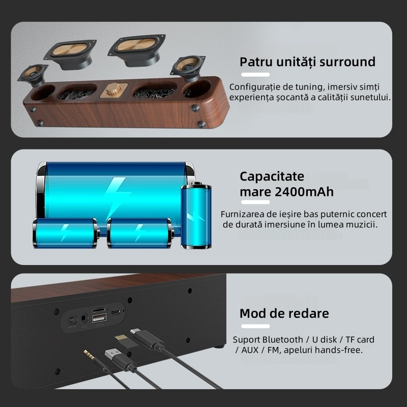 Difuzor bar, Bluetooth 5.0, 4 difuzoare mari, reglare volum, sunet surround, TF/USB/AUX, 2400mAh, stil retro, autonomie mare a bateriei, culoarea lemnului