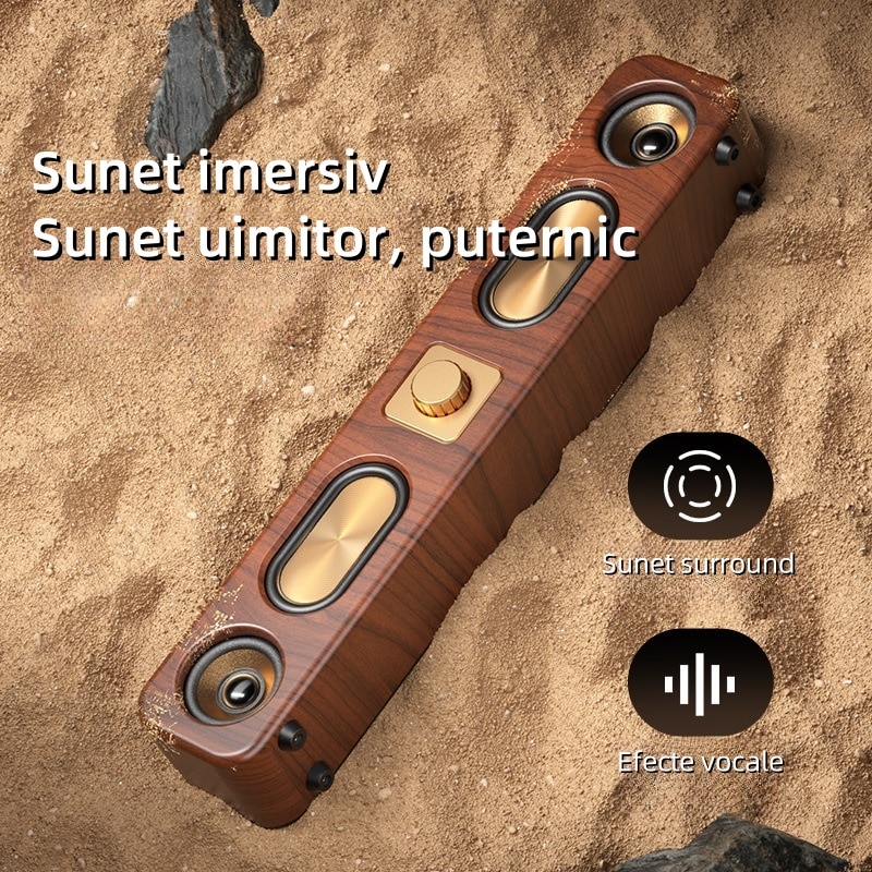 Difuzor bar, Bluetooth 5.0, 4 difuzoare mari, reglare volum, sunet surround, TF/USB/AUX, 2400mAh, stil retro, autonomie mare a bateriei, culoarea lemnului