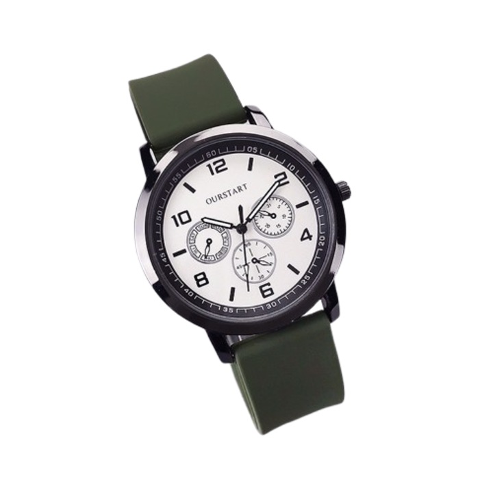 Ceas barbatesc, mecanism quartz, curea silicon, design modern, kaki