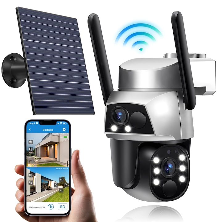 Камера за видеонаблюдение с двоен обектив, Слънчево захранване, 4MP Full HD, Батерия 8000 mAh, 2.4GHz Wi-Fi, 6W слънчев панел, 4x увеличение, Цветно нощно виждане, Автоматично проследяване, IP65, Съхранение на карта и облак, Двупосочна комуникация, Аларма