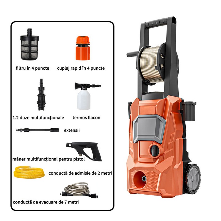 Pistol de spalat cu presiune, 1400 W, 130 bar, 390 l/h, set complet cu accesorii, portocalie/neagra