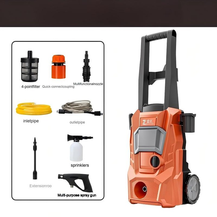 Magasnyomású mosópisztoly, 1400 W, 130 bar, 390 l/h, komplett készlet tartozékokkal, narancssárga/fekete