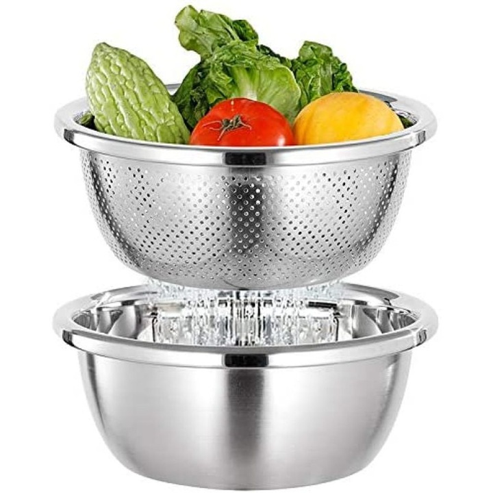 Set boluri si strecuratoare din otel inoxidabil, sita pentru paste si spalat orez, stivabile, inox, 26 cm