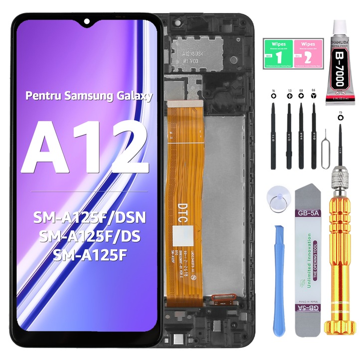 LCD дисплей за Samsung A12, тъчскрийн, високо качество, YODOIT, черен, с рамка, с инструменти за ремонт