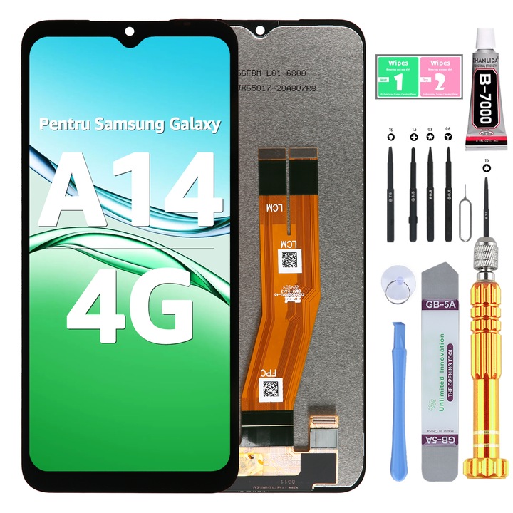LCD дисплей за Samsung A14 4G, тъчскрийн, високо качество, YODOIT, черен, с инструменти за ремонт