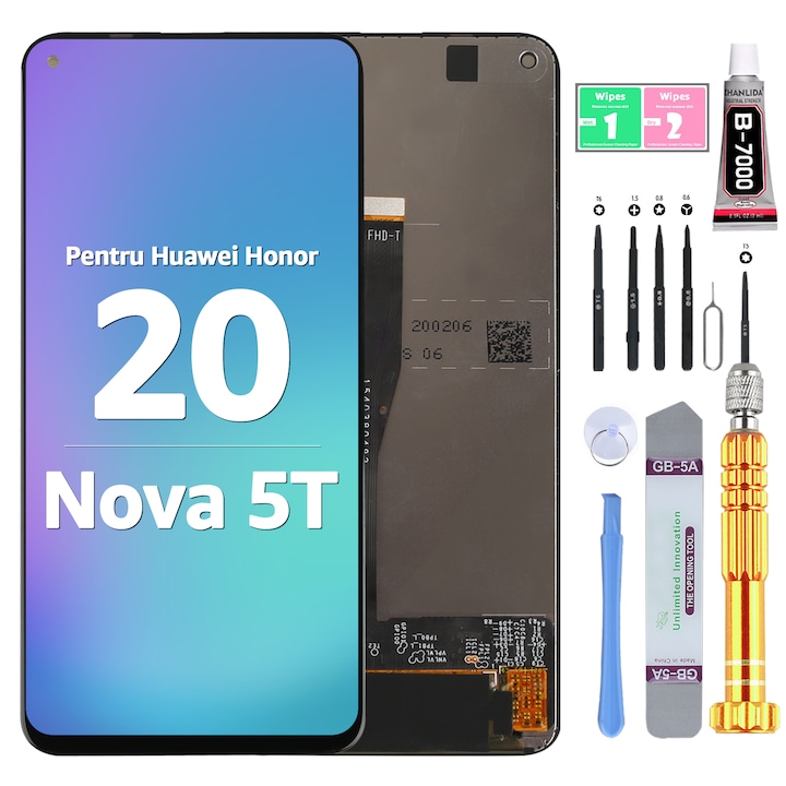 LCD дисплей за Huawei Honor 20/Nova 5T, тъчскрийн, високо качество, YODOIT, черен, с инструменти за ремонт