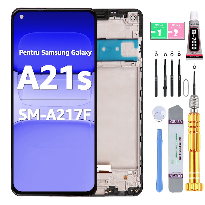LCD дисплей за Samsung A21s, тъчскрийн, високо качество, YODOIT, черен, с рамка, с инструменти за ремонт