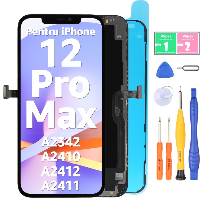 LCD дисплей за iPhone 12 Pro Max, тъчскрийн, високо качество, YODOIT, черен, с рамка, с инструменти за ремонт