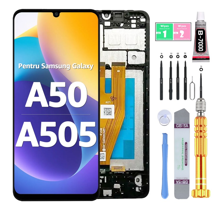 LCD дисплей за Samsung A50, тъчскрийн, високо качество, YODOIT, черен, с рамка, с инструменти за ремонт