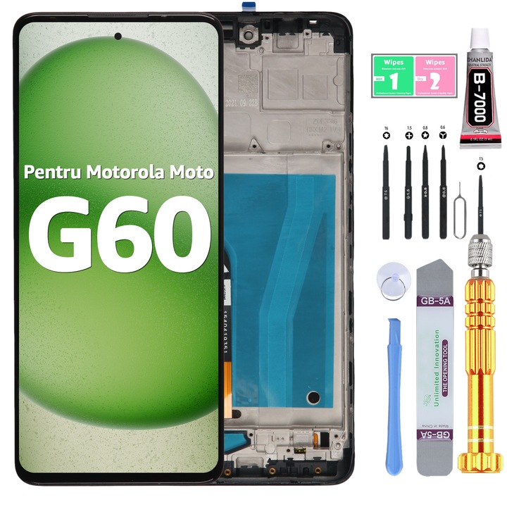 LCD дисплей за Motorola Moto G60, тъчскрийн, високо качество, YODOIT, черен, с рамка, с инструменти за ремонт