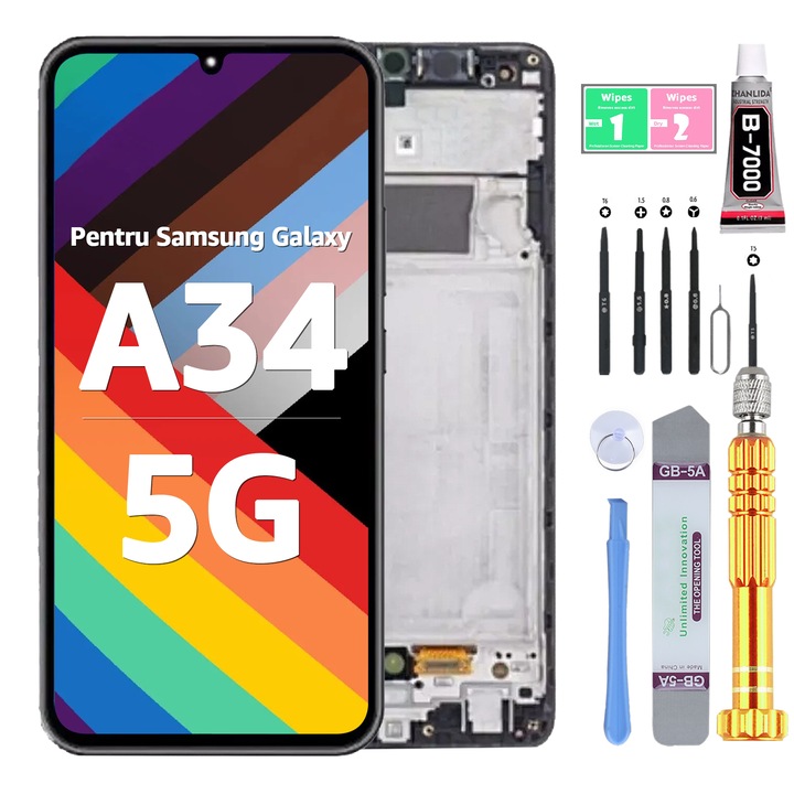 LCD дисплей за Samsung A34 5G, тъчскрийн, високо качество, YODOIT, черен, с рамка, с инструменти за ремонт