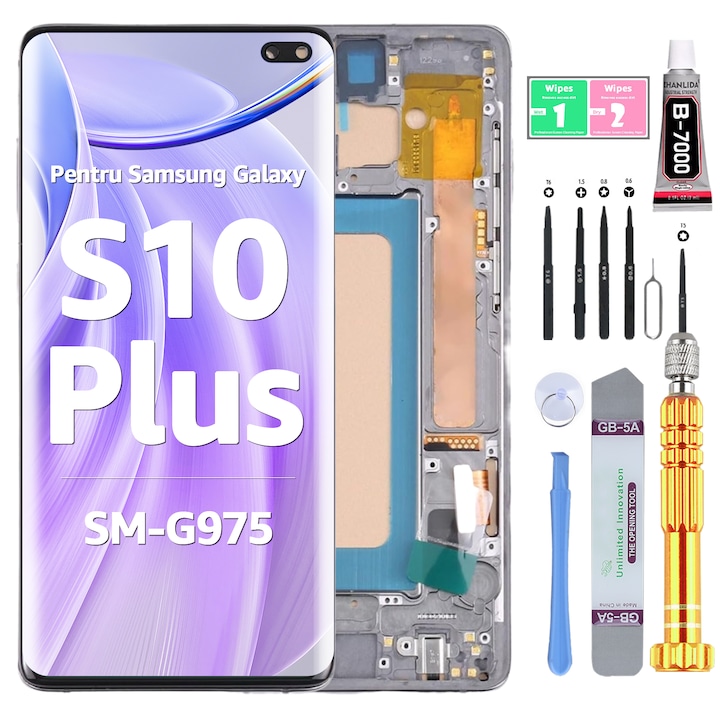 LCD дисплей за Samsung Galaxy S10 Plus SM-G975, тъчскрийн, високо качество, YODOIT, черен, с рамка, с инструменти за ремонт