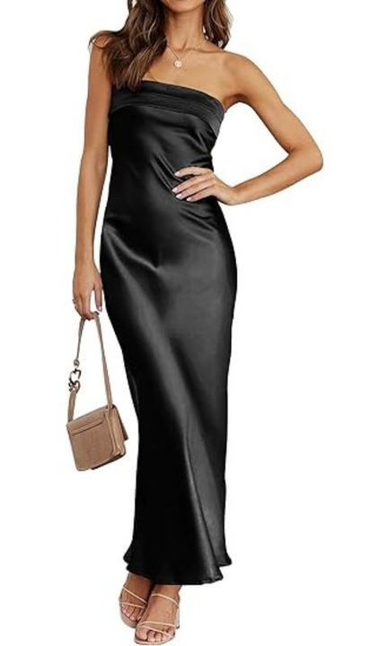 Сатенена вечерна рокля, Ronyes, рокля тип „калъф“ с висока талия, черна, размер L