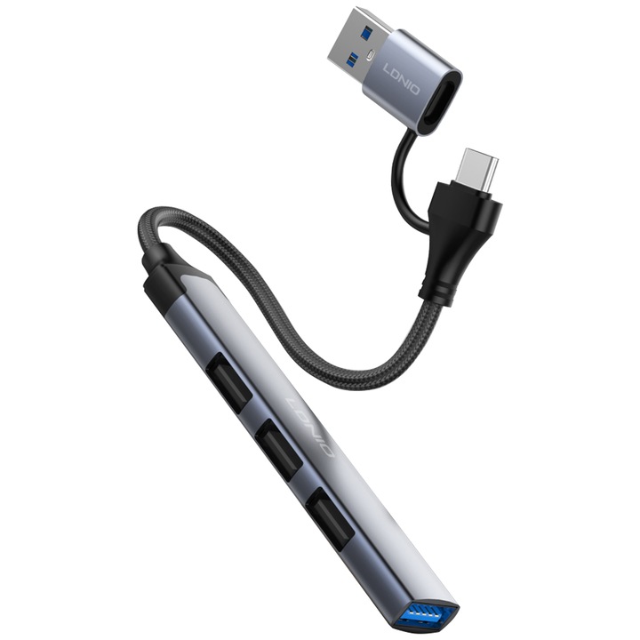 Докинг станция, USB-A+Type-C към USB 3.0*1+USB 2.0*3, 5Gbps, 4 в 1, 14 см, USB-A+Type-C