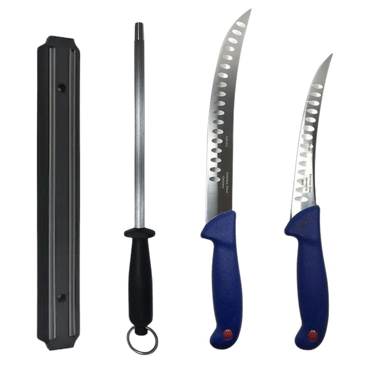 Set profesional de macelarie, transat, degresat, dezosat, otel carbon, 2 cutite, suport magnetic, masat pentru ascutit, Dactylion®