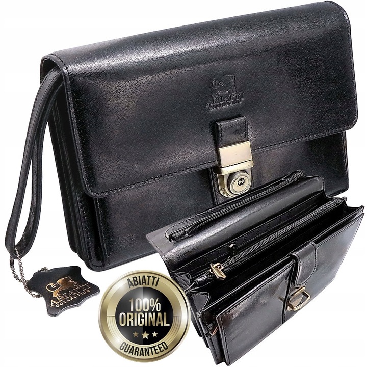 Férfi táska természetes bőrből, Abiatti, fekete, 14,5x22,5x8cm, 4 cipzáras zsebbel, 6 kártyatartóval, szettben.