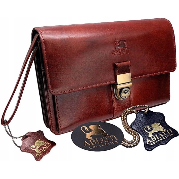 Férfi táska természetes bőrből, Abiatti, fekete/bronz színű, 14,5x22,5x8cm, rendszerező 4 cipzáras zsebbel, 6 kártyatartó hellyel