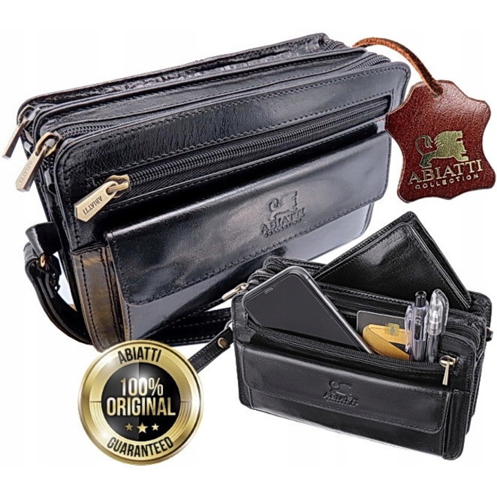Férfi természetes bőr oldaltáska, Abiatti, fekete színű, méretek 13x21x8.5cm, 6 cipzáros zseb, szett mellékelve.