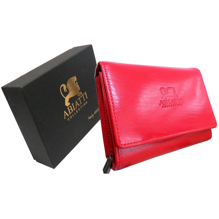 Portofel dama din piele naturala rosu, ABIATTI, 9,5x12,5cm, 8 locuri pentru carduri, 2 compartimente pentru bancnote, set cu cutie originala