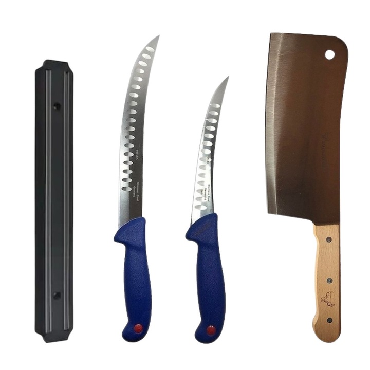 Set profesional de macelarie, transat, degresat, dezosat, otel carbon, 2 cutite, suport magnetic, satar, Dactylion®