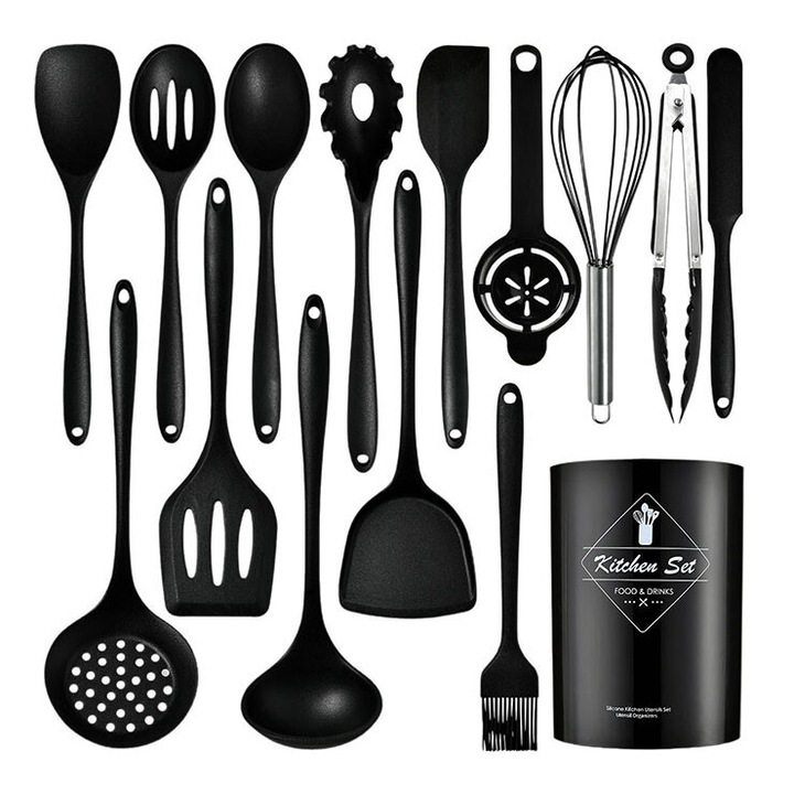 Set 15 ustensile de bucatarie, CAKMGER, silicon de grad alimentar, rezistent la caldura, negru