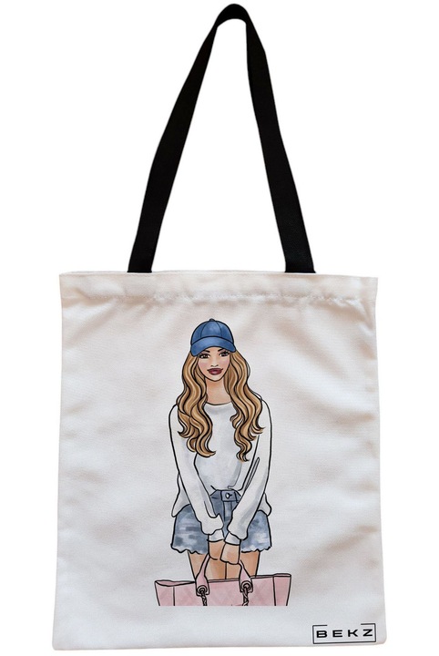 Sacosa Cumparaturi Textila cu Fermoar, Geanta Tote Travel Girl 4, 38x34.5 cm, Alba, BEKZ®