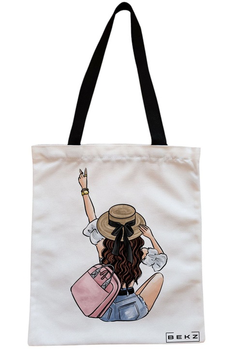 Sacosa Cumparaturi Textila cu Fermoar, Geanta Tote Travel Girl 9, 38x34.5 cm, Alba, BEKZ®