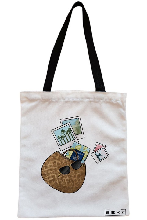 Sacosa Cumparaturi Textila cu Fermoar, Geanta Tote Travel Girl 12, 38x34.5 cm, Alba, BEKZ®