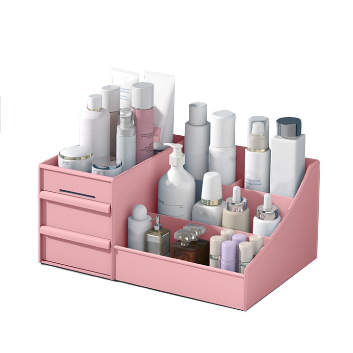 Organizator multifunctional pentru cosmetice cadou perfect, cutie de depozitare din plastic cu aspect elegant pentru organizare ingrijita si care economiseste spatiu (roz)