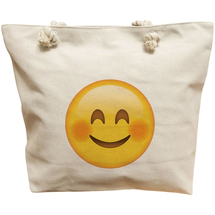 Vászon női hordtáska, mosolygós emoji mintás, 40x51 cm, fehér, BEKZ