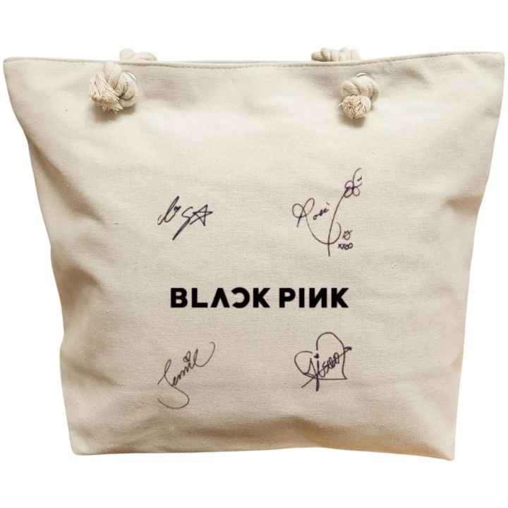 Vászon női táska, Blackpink 8 aláírás minta, 40x51 cm, fehér, BEKZ