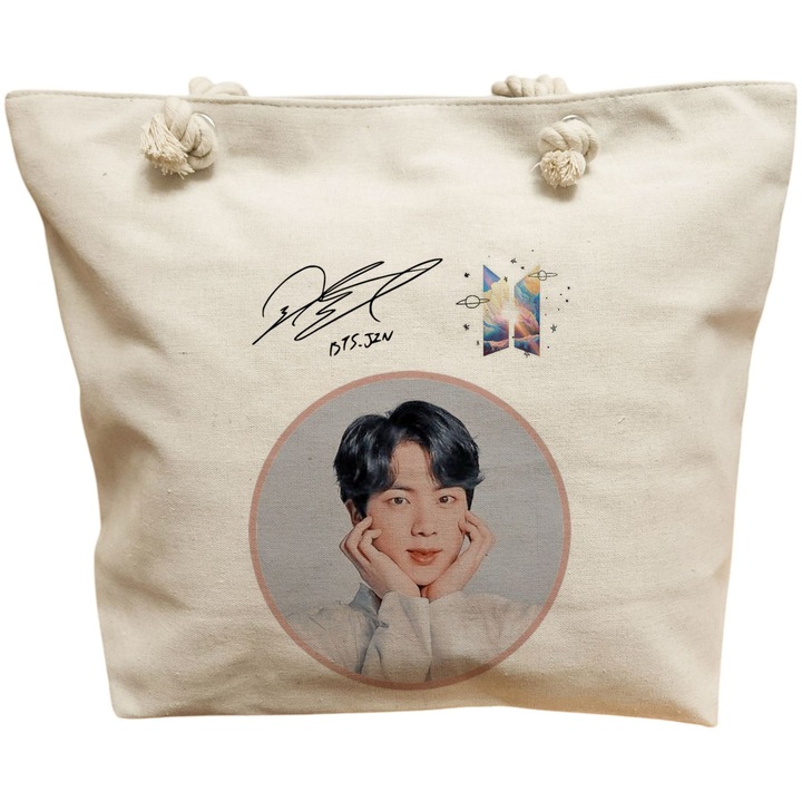 Vászon női hordtáska, BTS Jin modell, 40x51 cm, fehér, BEKZ