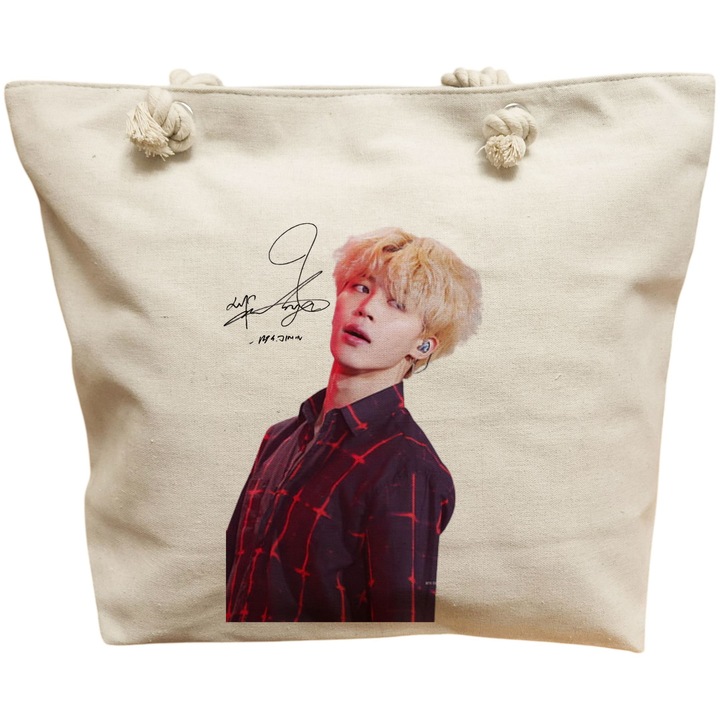 Vászon női hordtáska, BTS Jimin aláírás 2 minta, 40x51 cm, fehér, BEKZ