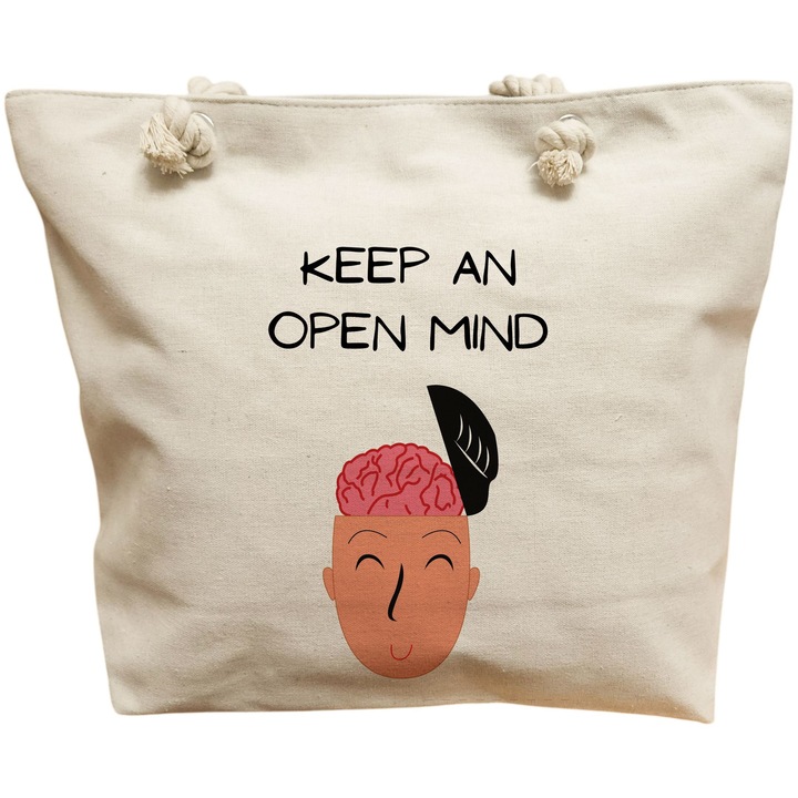 Vászon hordtáska nőknek, Keep an Open Mind modell, 40x51 cm, fehér, BEKZ