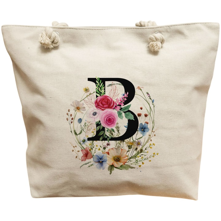 Vászon női hordtáska, virágkoszorú B betűvel, 40x51 cm, fehér, BEKZ