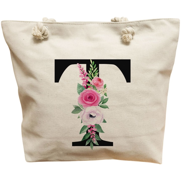 Платнена дамска чанта, с буква Т и рози, 40x51 см, бяла, BEKZ®