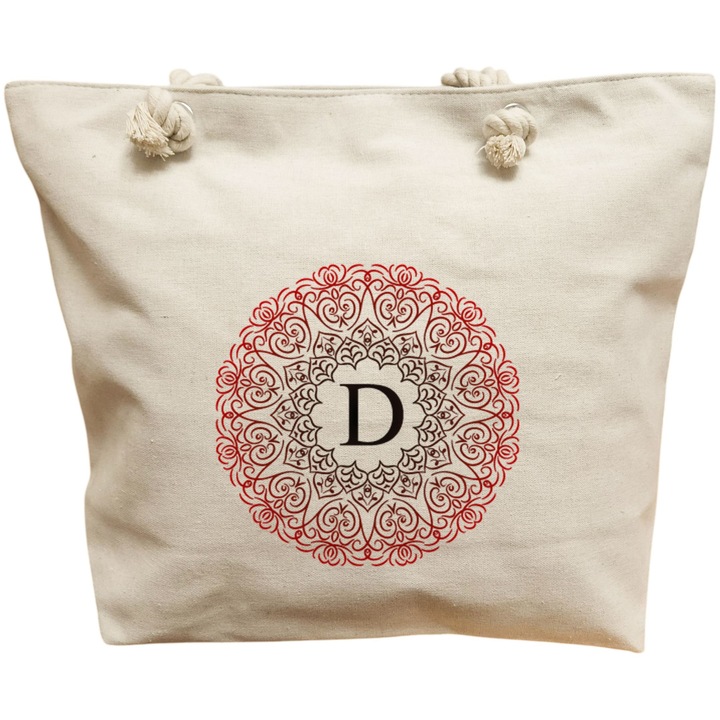 Vászon női hordtáska, D betűvel és mandalával, 40x51 cm, fehér, BEKZ