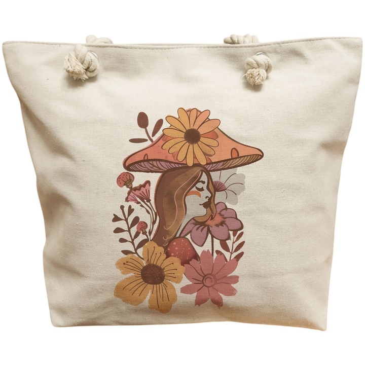 Vászon női hordtáska, színes gombákkal 10, 40x51 cm, fehér, BEKZ