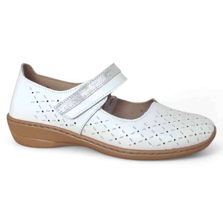 Pantofi de vara Maria Conti din piele naturala cu perforatii, inchidere cu velcro, bareta decorativa si talpa cusuta Y8