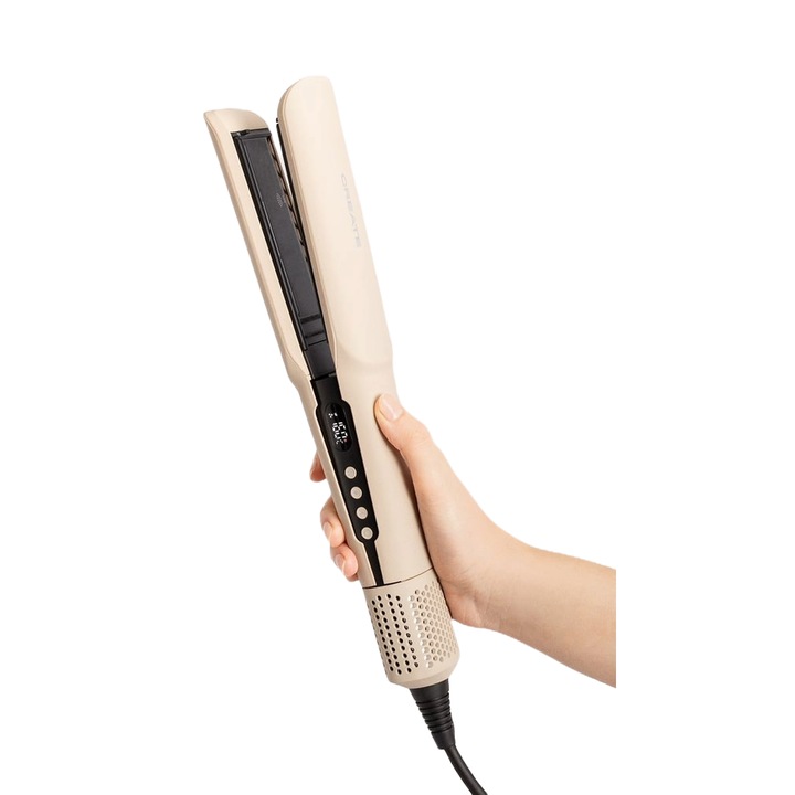 Placa de indreptat parul si uscare 2in1 CREATE, Ceramic Air Styler Dual, pentru par umed/uscat, 5 trepte de temperatura, 3 viteze, ecran digital, ioni negativi, incalzire rapida, placi din ceramica, Easy Lock, functie aer rece, avertizare curatare, bej