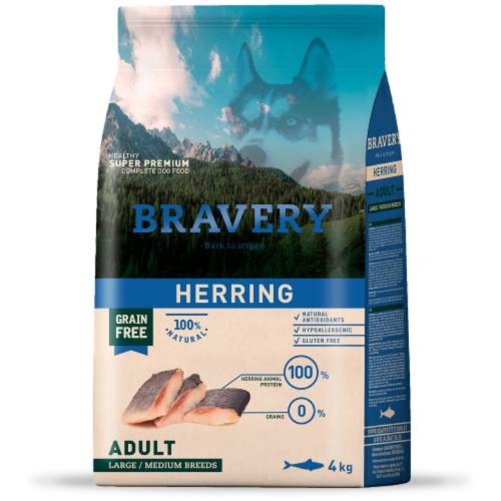 Hrana uscata pentru caini, Bravery medium large adult, Hering, 4 kg