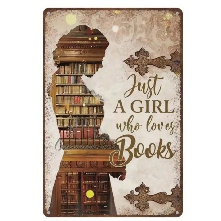 Картина от винтидж метален материал, модел "Just A Girl Who Loves Books", многоцветна