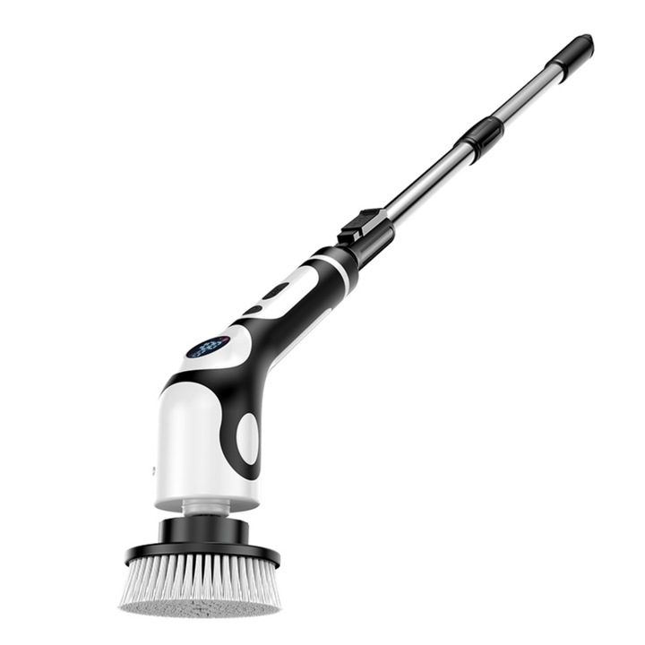 Perie electrica de curatare, 2 viteze, afisaj LED de putere, memento vocal, rotativa si retractabila, rezistenta la apa, USB, 2500 mAh, 9 capete de perie inlocuibile, alb-negru