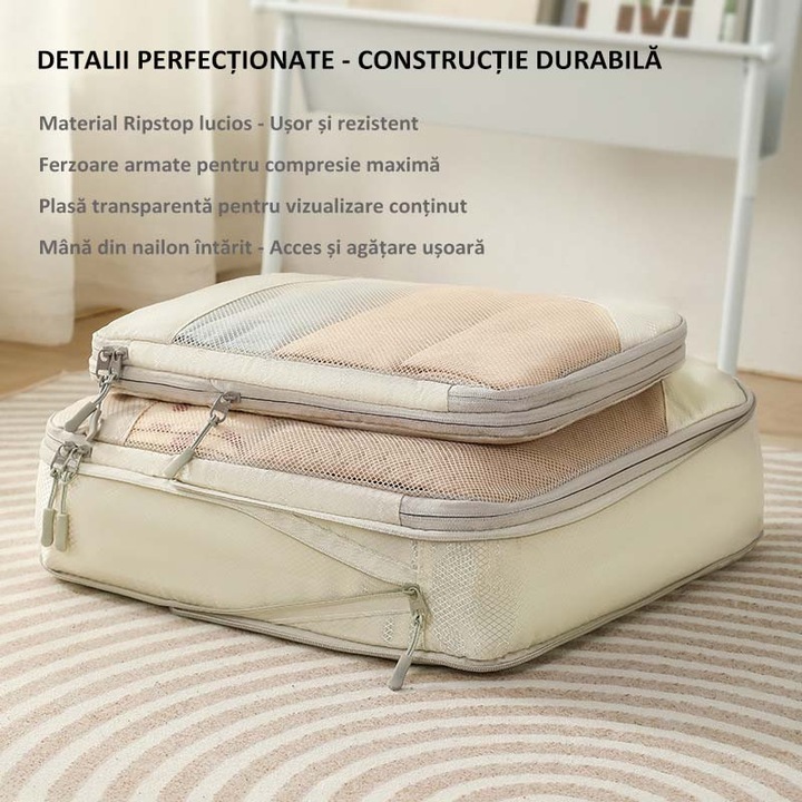 Set de 9 pungi de organizare pentru valiza, Comprima obiecte, economiseste spatiu, Material poliester cu model romboidal, Culoare bej - Pentru imbracaminte, incaltaminte si accesorii de toaleta