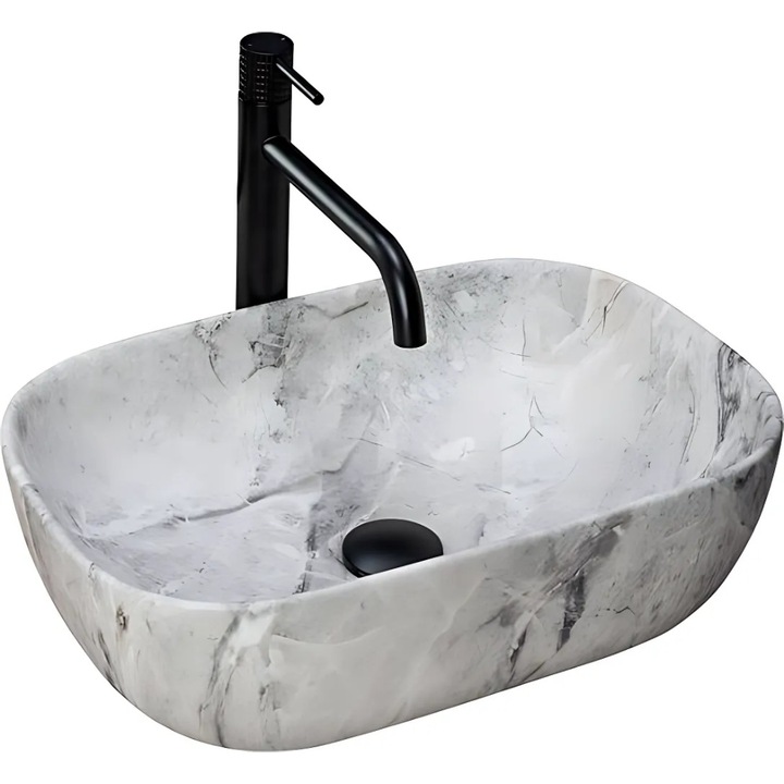 Chiuveta pe blat JOZY®, lavoar ceramic mini cu aspect de piatra, finisaj mat sofisticat, ideal pentru bai minimaliste, dimensiuni 36 x 25 cm, culoare gri, cod 051