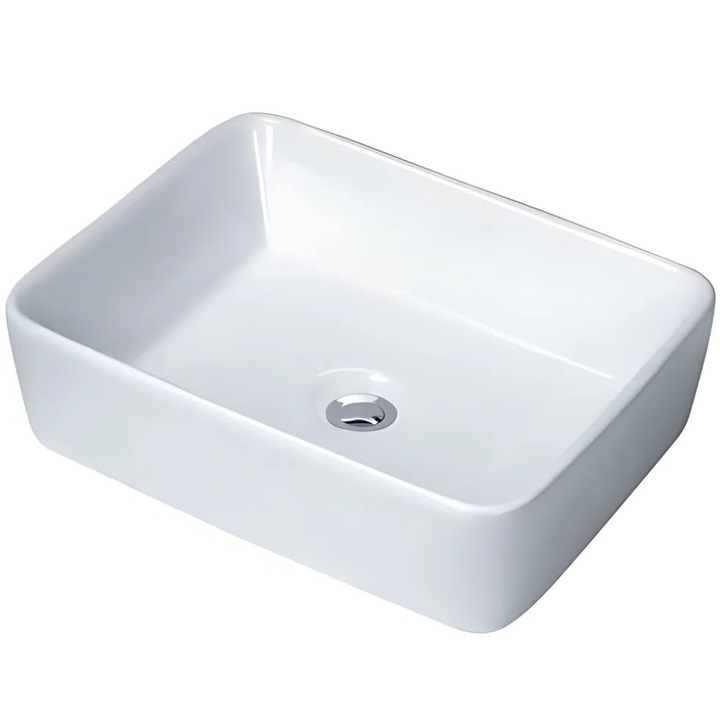 Lavoar dreptunghiular Bukino®, chiuveta moderna pentru baie, design elegant pe blat, ceramica rezistenta si usor de intretinut, dimensiuni 49x38x14 cm, finisaj alb sofisticat, cod 013