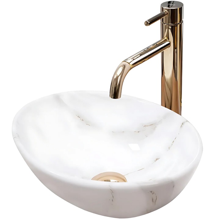 Chiuveta de blat JOZY®, lavoar oval din ceramica Premium, finisaj lucios, montaj fara suport, fara preaplin, dimensiuni 350x260 mm, usor de integrat in orice spatiu, alb, cod 048
