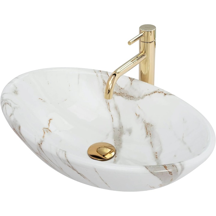 Chiuveta baie JOZY®, lavoar de sine statator pentru blat, forma ovala, ceramica de inalta calitate cu finisaj lucios, dimensiuni 53 x 33 cm, ideal pentru bai contemporane, alb/multicolor, cod 046