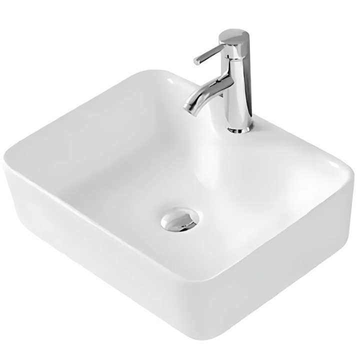 Chiuveta baie JOZY®, lavoar dreptunghiular cu montaj pe blat, ceramica premium rezistenta, finisaj lucios pentru un aspect sofisticat, prevazut cu orificiu pentru baterie, dimensiuni 48 x 37 x 13 cm, alb, cod 043