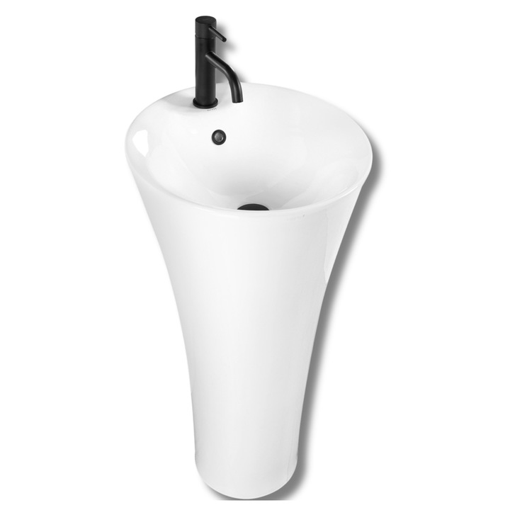 Lavoar de sine statator, Rea, Agnes, Alb imaculat, Ceramica sanitara, Dimensiuni 44, 5 x 44, 5 x 87 cm, Model cu preaplin, Orificiu de evacuare standard de 45 mm